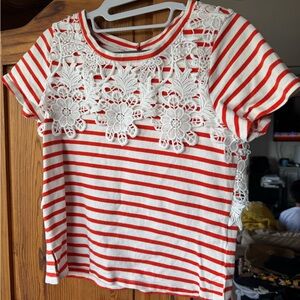 Anthropologie Maeve Red and White Striped Lace-Accent Tee